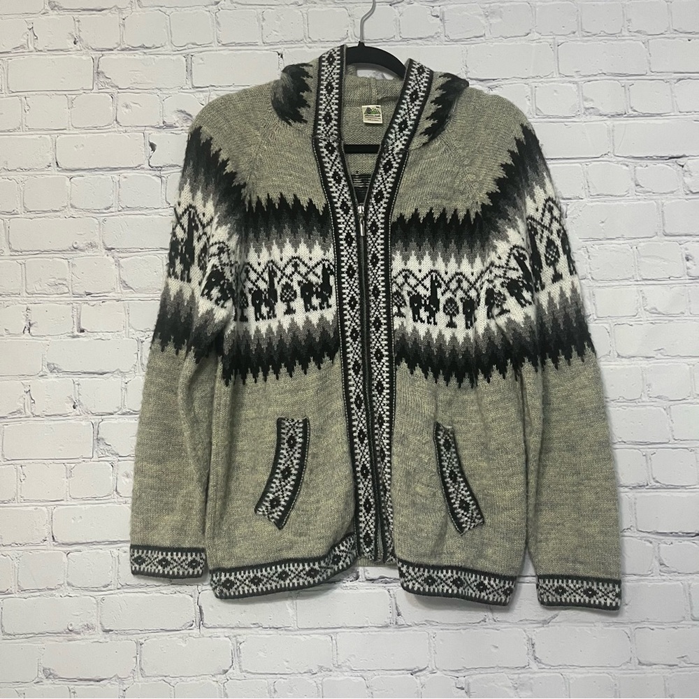 Alpaca Leal Llama Design Medium Hooded Full Zip Sweater Alpaca Blend Warm